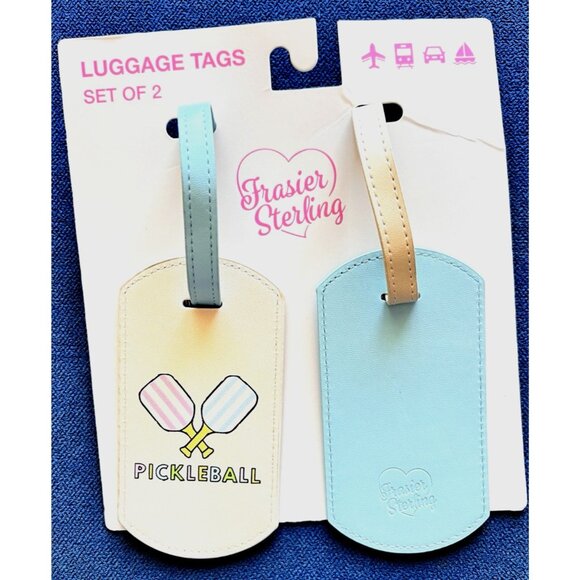 PICKLEBALL Luggage Tags Set of 2 Cream Light Blue Frasier Sterling Travel Gift - Picture 1 of 2